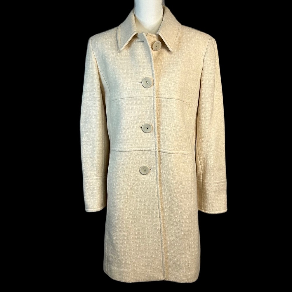 Vtg Liz Claiborne Womens Longline Peacoat Sz 8 M Ivory Textured Wool Blend‎ 90s